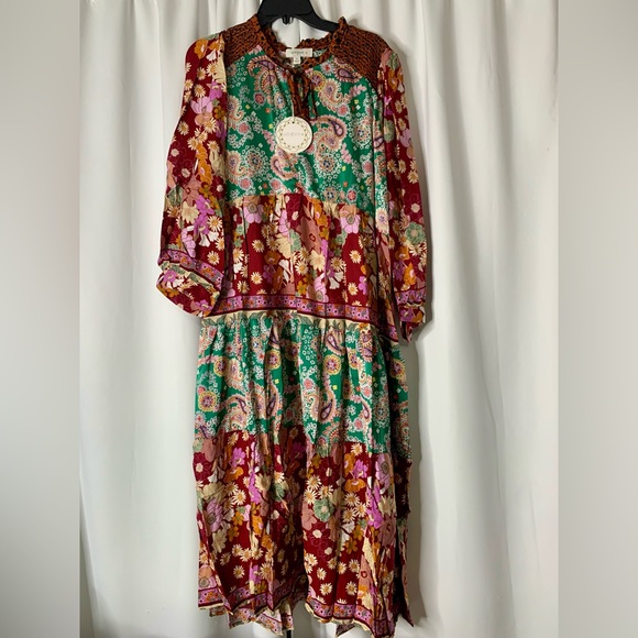 NWT Umgee Boutique Boho Hippy Floral Print Dress S - 2X green burgundy mix - Picture 2 of 15